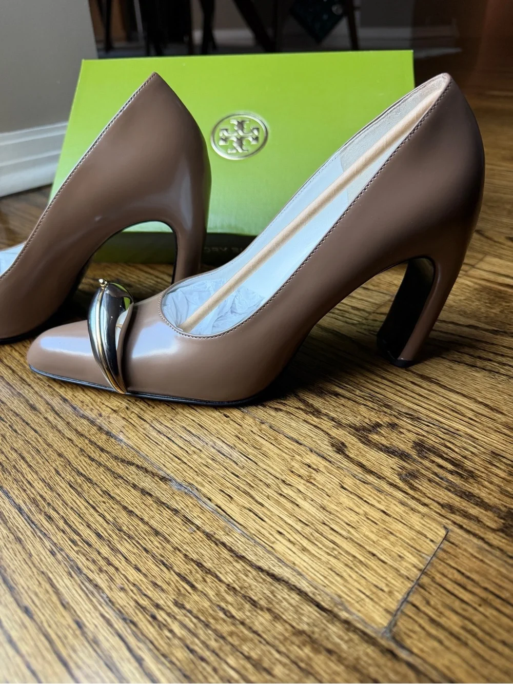 Tory Burch Pierced Pump Tan Leather Block Heel Pumps with Metallic Accent.